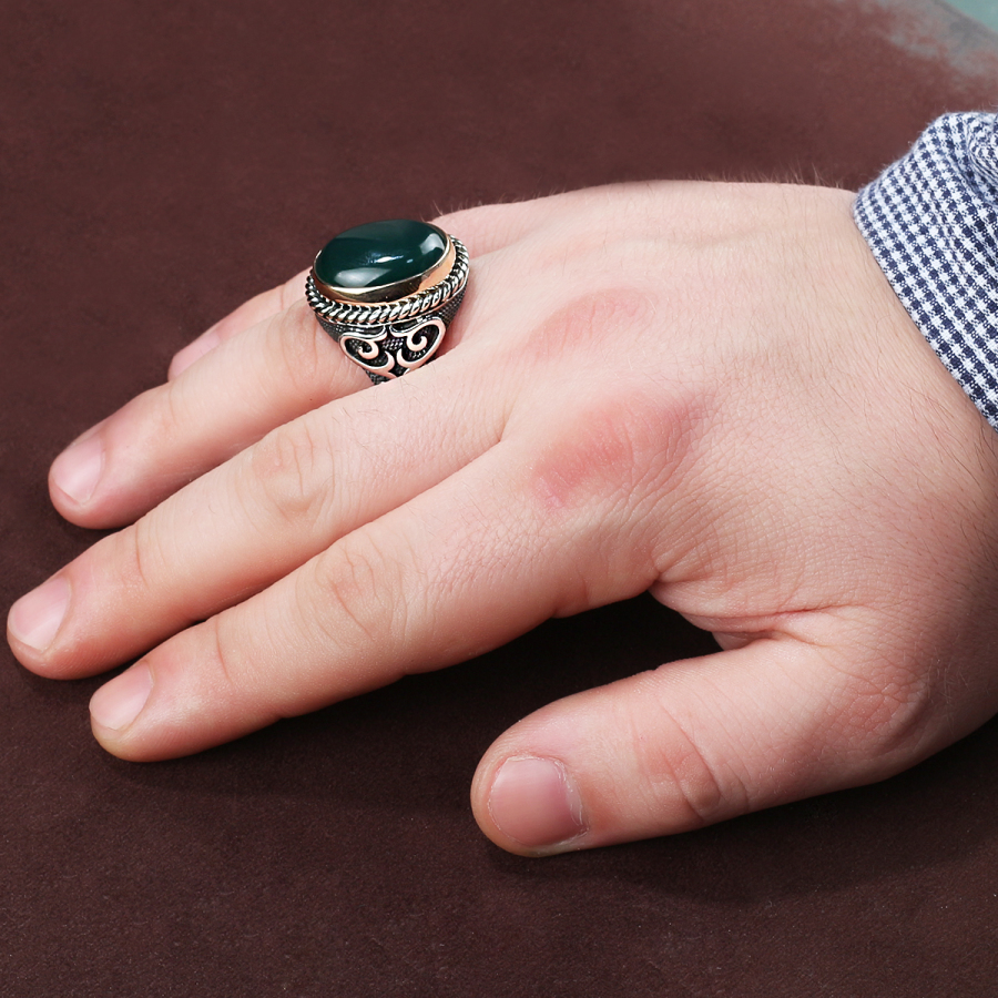EL İŞÇİLİĞİ YEŞİL AKİK TAŞLI GÜMÜŞ ERKEK YÜZÜK Orijinal