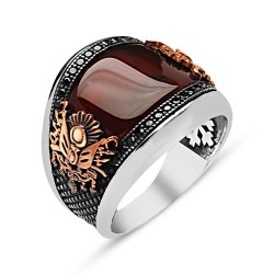 Gumusbox - Akik ve Zirkon Taşlı Devlet Armalı Gümüş Yüzük