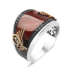 Gumusbox - Akik Zirkon Taşlı Tuğralı Gümüş Yüzük