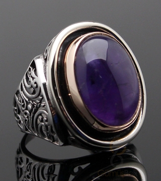 Gumusbox - Ametist Taşlı Oval Tasarım Gümüş Yüzük