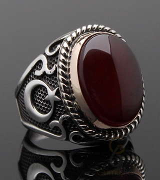 Gumusbox - Ay Yıldızlı Akik Taşlı Gümüş Yüzük