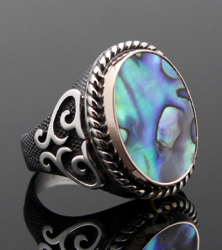 Gumusbox - Doğal Abalone Taşlı Özel Tasarım Gümüş Yüzük