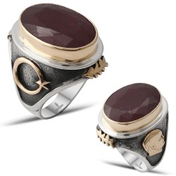 Gumusbox - EL YAPIMI KÖK YAKUT TAŞLI ATATÜRK SİLÜETİ AY YILDIZ YÜZÜK