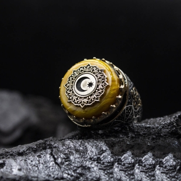 Gumusbox - Eski Usul İslam Usta Hilafet Modeli Ay Yıldız İşlemeli Gümüş Yüzük