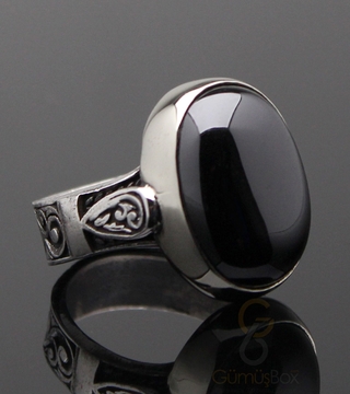 Gumusbox - Hematit Taşlı Damla Motifli Gümüş Yüzük