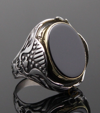 Gumusbox - Hematit Taşlı Sarı Çerçeveli Gümüş Yüzük