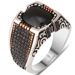 Gumusbox - HEMATİT TAŞLI ZİRKON TAŞ İŞLEMELİ GÜMÜŞ ERKEK YÜZÜK