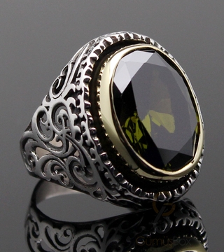 Gumusbox - İşlemeli Model Yeşim Taşlı Gümüş Yüzük