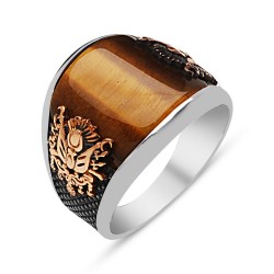 Gumusbox - Kaplan Gözü Taşlı Devlet Armalı Gümüş Yüzük