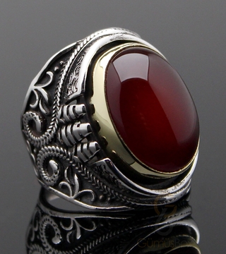 Gumusbox - Kırmızı Akik Taşlı Tasarım Gümüş Yüzük