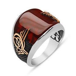 Gumusbox - Kırmızı Akik Taşlı Tuğralı Gümüş Yüzük