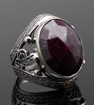 Gumusbox - Kök Yakut Taşlı Tuğralı Erkek Yüzük