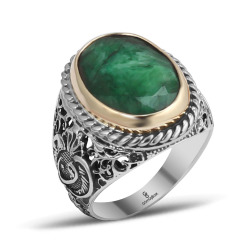 Gumusbox - KÖK ZÜMRÜT 925 AYAR GÜMÜŞ ERKEK YÜZÜK