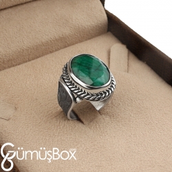 Gumusbox - KÖK ZÜMRÜT TAŞLI ERKEK GÜMÜŞ YÜZÜK