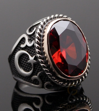 Gumusbox - Lal Taşlı Ay Yıldız Motifli Gümüş Yüzük