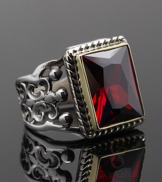 Gumusbox - Lal Taşlı Dikdörtgen Model Gümüş Yüzük