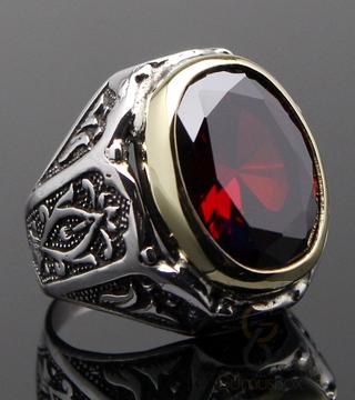 Gumusbox - Lal Taşlı Köşeli Tasarım Gümüş Yüzük