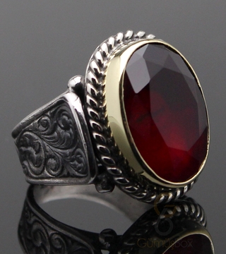 Gumusbox - Lal Taşlı Oksitli Model Gümüş Yüzük