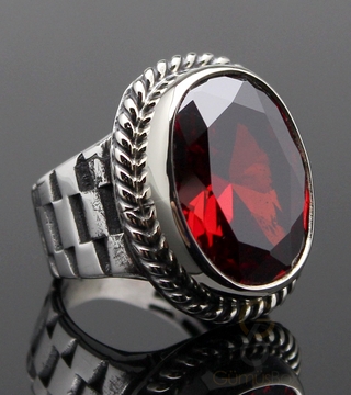 Gumusbox - Lal Taşlı Rolex Modeli Gümüş Yüzük