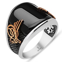 Gumusbox - Oniks Taşlı Tuğralı Gümüş Yüzük