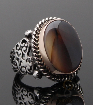 Gumusbox - Oval Tasarım Yemen Akiği Taşlı Gümüş Yüzük