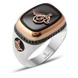 Gumusbox - ÖZEL TASARI ONİKS TAŞLI TUĞRALI GÜMÜŞ YÜZÜK