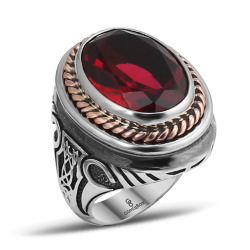 Gumusbox - ÖZEL TASARIM 925 AYAR LAL TAŞLI GÜMÜŞ ERKEK YÜZÜK