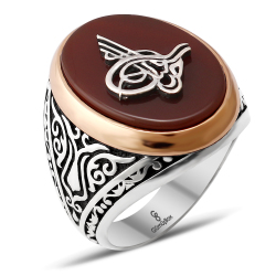 Gumusbox - ÖZEL TASARIM AKİK TAŞLI OSMANLI TUĞRASI İŞLEME YÜZÜK