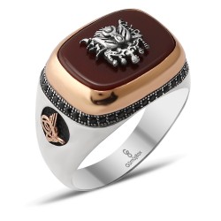 Gumusbox - ÖZEL TASARIM AKİK TAŞLI TUĞRA DEVLET ARMALI YÜZÜK