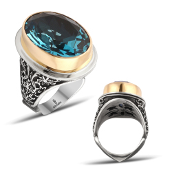 Gumusbox - ÖZEL TASARIM AKUAMARİN TAŞLI GÜMÜŞ PATRON YÜZÜĞÜ