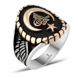 Gumusbox - ÖZEL TASARIM AY YILDIZ TUĞRA İŞLEME GÜMÜŞ YÜZÜK