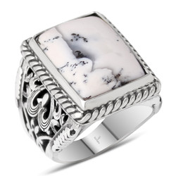 Gumusbox - Özel Tasarım Gümüş İşlemeli Dendrit Opal Taşlı Gümüş Yüzük