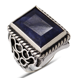 Gumusbox - Özel Tasarım Gümüş İşlemeli Kök Safir Taşlı Gümüş Yüzük