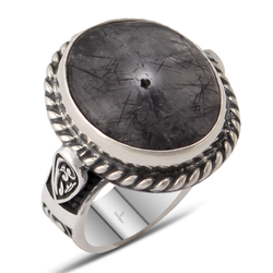 Gumusbox - Özel Tasarım Gümüş İşlemeli Siyah Rutil Kuvars Taşlı Gümüş Erkek Yüzük