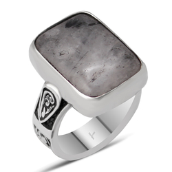 Gumusbox - Özel Tasarım Gümüş İşlemeli Siyah Rutil Kuvars Taşlı Gümüş Yüzük