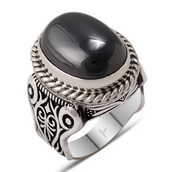 Gumusbox - Özel Tasarım Hematit Taşlı Gümüş Erkek Yüzük