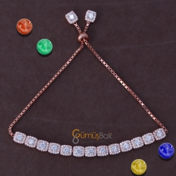 Gumusbox - Özel Tasarım Kare Modeli Rose Renkli Zirkon Taşlı Bayan Asansör Bileklik