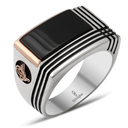 Gumusbox - ÖZEL TASARIM ONİKS TAŞLI TUĞRALI GÜMÜŞ YÜZÜK