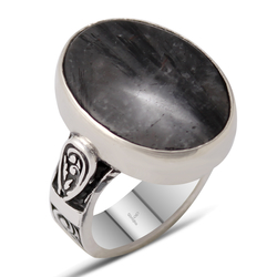 Gumusbox - Özel Tasarım Siyah Rutil Kuvars Taşlı Gümüş Erkek Yüzük