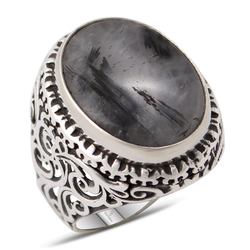 Gumusbox - Özel Tasarım Siyah Rutil Kuvars Taşlı Gümüş Yüzük