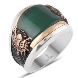 Gumusbox - ÖZEL TASARIM YEŞİL AKİK TAŞLI DEVLET ARMALI YÜZÜK