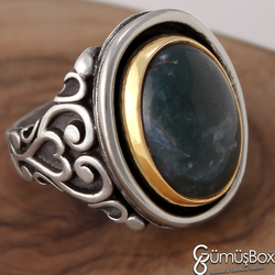Özel Tasarım Yeşil Akik Taşlı Gümüş Erkek Yüzük - 2