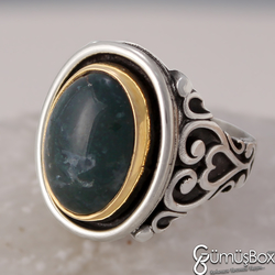 Özel Tasarım Yeşil Akik Taşlı Gümüş Erkek Yüzük - 4