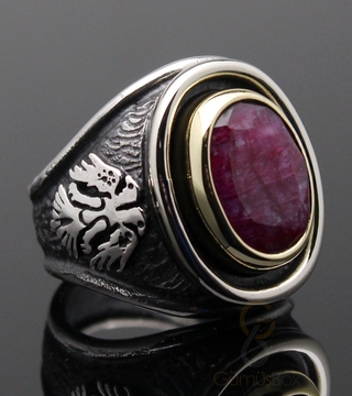 Gumusbox - Sarı Çerçeveli Kök Yakut Taşlı Gümüş Yüzük