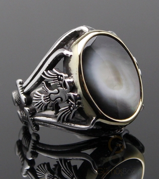 Gumusbox - Sedef Taşlı Çift Başlı Kartal Figürlü Yüzük