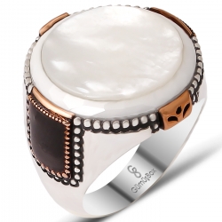 Gumusbox - SEDEF TAŞLI GÜMÜŞ İŞLEMELİ GÜMÜŞ ERKEK YÜZÜK