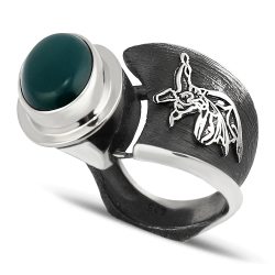 Gumusbox - SEMAZEN FİGÜRLÜ YEŞİL AKİK TAŞLI GÜMÜŞ BAYAN YÜZÜK