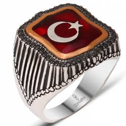 Gumusbox - SİYAH ZİRKON TAŞ İŞLEMELİ SEDEF ÜZERİNE MİNE KAPLAMA AY YILDIZ GÜMÜŞ YÜZÜK