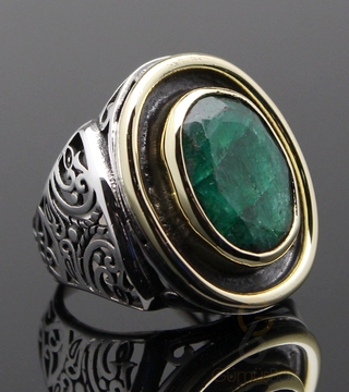 Gumusbox - Tasarım Kök Zümrüt Taşlı Gümüş Yüzük