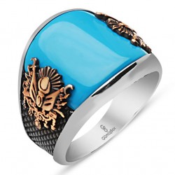 Gumusbox - Turkuaz Taşlı Devlet Armalı Gümüş Yüzük